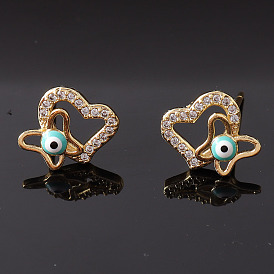 Fashionable Copper Plated Gold Heart Butterfly Evil Eye Women's Earrings with Micro Inlaid Zirconia