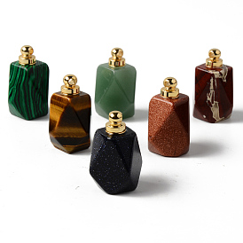 Gemstone Openable Perfume Bottle Pendants, with Brass Findings, Polygon, Faceted