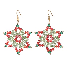 Glass Beaded Snowflake Dangle Earrings, Golden Brass Wire Wrap Christmas Jewelry for Women