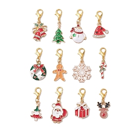 12Pcs 12 Styles Christmas Alloy Enamel Pandant Decorations, Lobster Claw Clasps Charms for Bag Ornaments