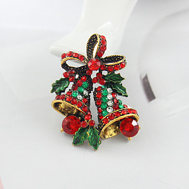 Vintage Christmas Brooch with Jingle Bells, Bow and Ribbon Design - Sparkling Rhinestone Alloy Pin Jewelry