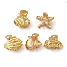 5Pcs 5 Styles Ocean Theme Alloy Claw Hair Clips, with Imitation Pearl Beads, Shell & Starfish & Conch & Leaf & Skull Hand