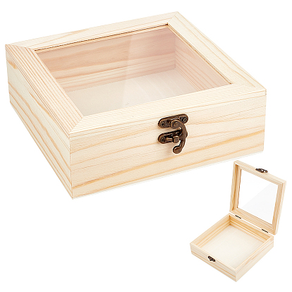 Wood Trinkets Storage Boxes, with Visible Glass Window Hinged Lid and Antique Bronze Tone Iron Clasps, Square