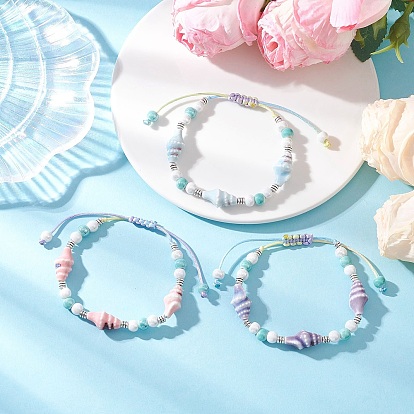 3шт. 3 цвета браслеты из фарфора ручной работы с бусинами, Браслеты из нейлоновой нити плетеные для женщин, раковина