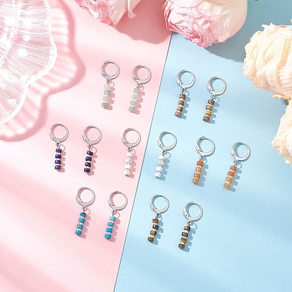 304 серьги-гвоздики с застежкой-колонной из нержавеющей стали и натуральными смешанными камнями, с бисером, платина