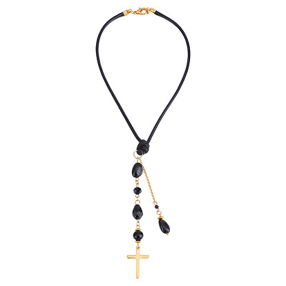 Décorations pendentif en verre et tourmaline naturelle et pierre noire synthétique, avec les accessoires en fer et en laiton
