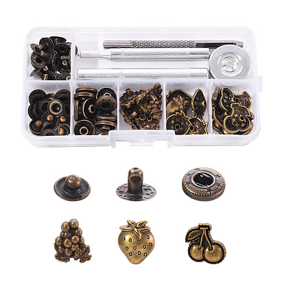 18 Sets Cherry & Grape & Strawberry Brass Leather Snap Buttons Fastener Kits, Including 1 Set 45# Steel Hole Punch Tool, 1Pc 45# Steel Round Base