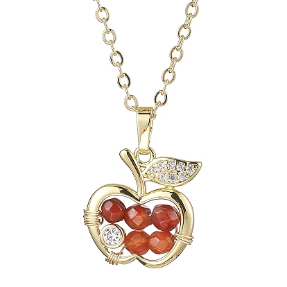 Apple Brass Micro Pave Cubic Zirconia with Natural Agate(Dyed) Pendants Necklaces, Brass Cable Chains Necklaces for Women