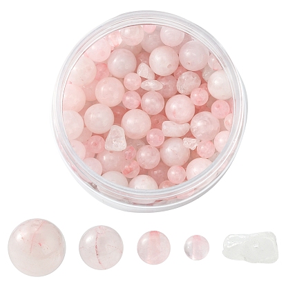Natural Rose Quartz Round Beads Sets, Round & Chip, Mixed Dyed and Undyed
