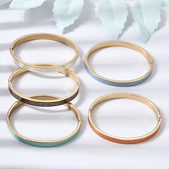 304 Stainless Steel Enamel Striped Hinged Cuff Bangles for Women, Ion Plating(IP), Mixed Color