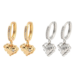 Heart Brass Micro Pave Clear Cubic Zirconia Huggie Hoop Dangle Earrings for Women