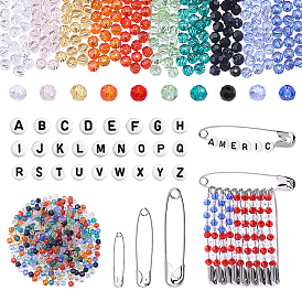 DIY Safety Pins Kits, including Iron Safety Pins, Glass Beads, Acrylic Beads, Mixed Shapes