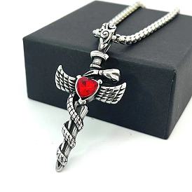 Ожерелья из нержавеющей стали с рубиновыми стразами в виде крылатой палочки, обернутой змеей, для мужчин