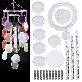 DIY Flat Round Wind Chime Making Kits, including 8Pcs Silicone Molds, 1Pc Plastic Beads, 1 Roll Crystal Thread, 3Pcs Round Tubes