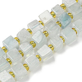 Natural Aquamarine Beads Strands, Cube, with Seed Beads