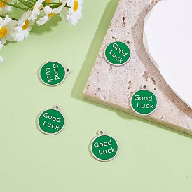 5Pcs Flat Round with Words Charm Pendant Green Enamel Charms Good Luck Pendant for Jewelry Necklace Earring Making Crafts