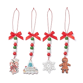 4 шт. рождественские деревянные подвесные украшения, с акриловыми бусинами из искусственного жемчуга и полиэстеровым бантом, разнообразные