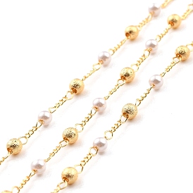 Handmade Brass Link Chains, with Round Beads, Long-Lasting Plated, Unwelded, with Spool, Beads with Glass, Imitation Pearl