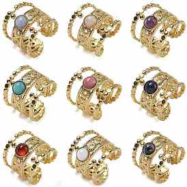 Natural & Synthetic Gemstone Finger Rings, 304 Stainless Steel Multi-layer Open Cuff Rings, Real 18K Gold Plated