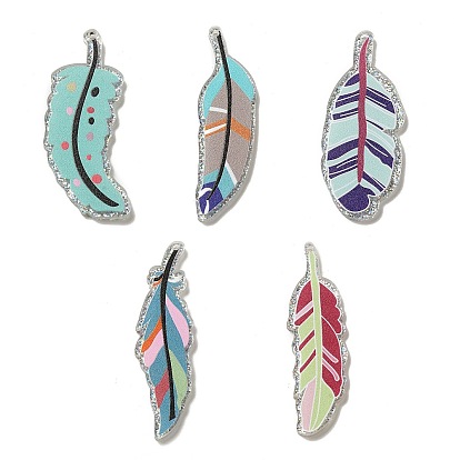 Acrylic Pendants, with Glitter Powder, Feather