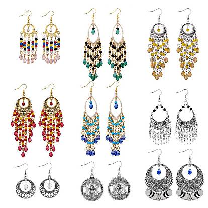 9Pairs 9 Style Horse Eye & Ring & Coin Chandelier Earrings, Glass Seed Beaded Tassel Drop Earrings with Moon & Star Alloy Charm for Women