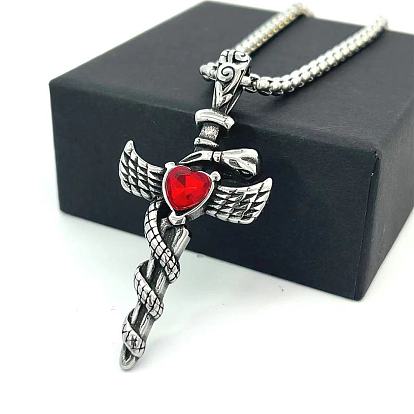 Ожерелья из нержавеющей стали с рубиновыми стразами в виде крылатой палочки, обернутой змеей, для мужчин