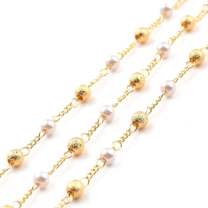 Handmade Brass Link Chains, with Round Beads, Long-Lasting Plated, Unwelded, with Spool, Beads with Glass, Imitation Pearl