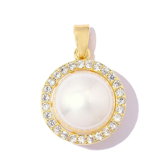 Латунные подвески с фианитами, с ABS имитации жемчуга, круглые подвески, ионное покрытие (ip), зеркальная полировка, реальный 18 k позолоченный