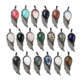 Gemstone Big Pendants, Wing Charms with Alloy Findings, Antique Silver