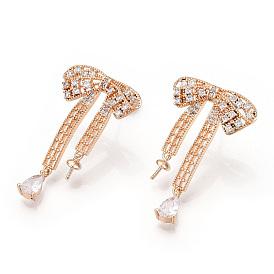 Brass Micro Pave Clear Cubic Zirconia Stud Earring Findings, for Half Drilled Beads, Nickel Free, Bowknot