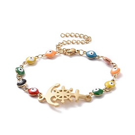 PVD Vacuum Plating 304 Stainless Steel Helm and Anchor Link Bracelet, Colorful Enamel Evil Eye Chains Bracelets for Women