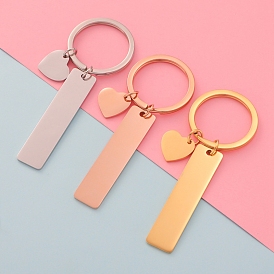 304 Stainless Steel Keychain, with Key Rings, Rectangle with Heart