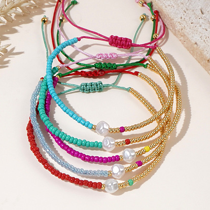 Регулируемые браслеты из стеклянных бусин, плетеные из бусин для женщин, с имитацией жемчуга, два тона