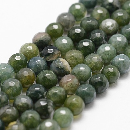 Natural Moss Agate Beads Strands, Faceted, Round, Dark Olive Green