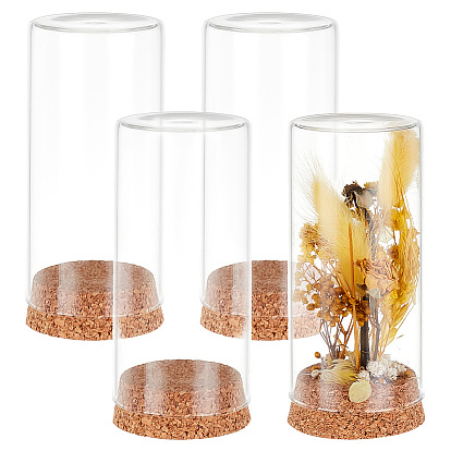 4Stück Kuppelabdeckung aus Borosilikatglas, dekorative Vitrine, Glockenglas Terrarium mit Holzkorksockel