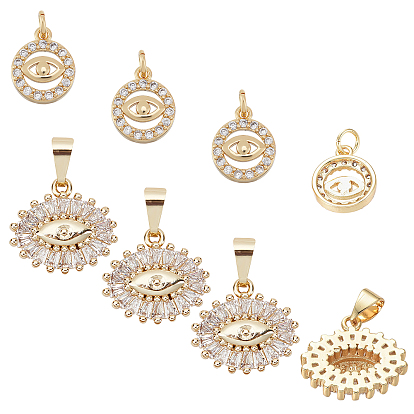 8Pcs 2 Style Brass Micro Pave Cubic Zirconia Pendants, Evil Eye, Clear