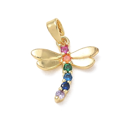 Brass Micro Pave Colorful Cubic Zirconia Pendants, Dragonfly Charms