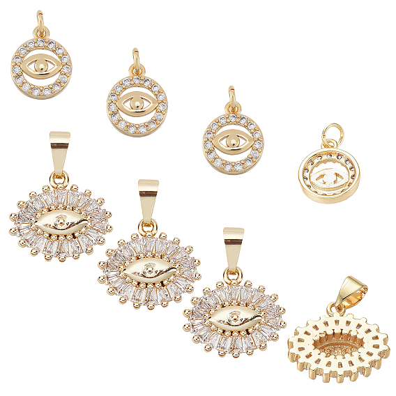 8Pcs 2 Style Brass Micro Pave Cubic Zirconia Pendants, Evil Eye, Clear