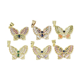 Brass Micro Pave Cubic Zirconia Pendants, with Glass, Real 18K Gold Plated, Butterfly Charms