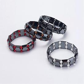 Non-Magnetic Synthetic Hematite Stretch Bracelets, with Gemstone Beads, Grade A