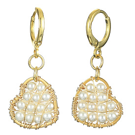 Boucles d'oreilles dormeuses en forme de cœur en perles de coquillage naturel, 304 boucles d'oreilles pendantes en fil d'acier inoxydable pour femmes