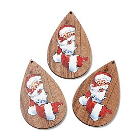 Single Face Christmas Printed Wood Big Pendants, Teardrop Charms with Santa Claus