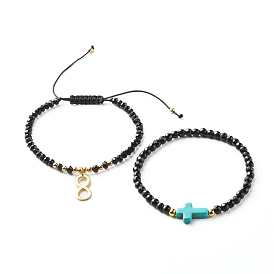 Infinity & Cross Braided Bead Bracelets Set for Girl Women, Synthetic Turquoise(Dyed) & Natural White Jade & Malaysia Jade(Dyed) Beads Energy Bracelets, Golden