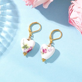 Фарфоровые серьги ручной работы с принтом, сердце, со сплавом и латунью