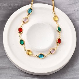 304 из нержавеющей стали Снаряженная цепи ожерелья, Овальные стеклянные бусины ожерелья для женщин, граненые