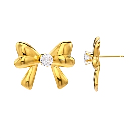 304 Stainless Steel Stud Earrings, Bowknot, with Rhinestone