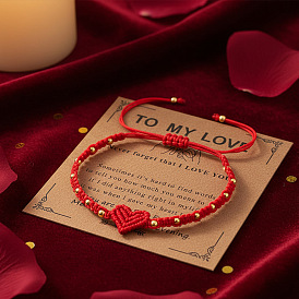 Регулируемые браслеты в форме сердца из плетеной нейлоновой нити, латунные круглые бусины для украшения пары