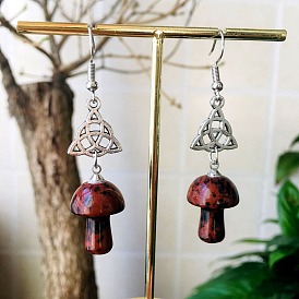 Natural Mixed Gemstone Mushroom with Sailor's Knot Dangle Earrings for Women