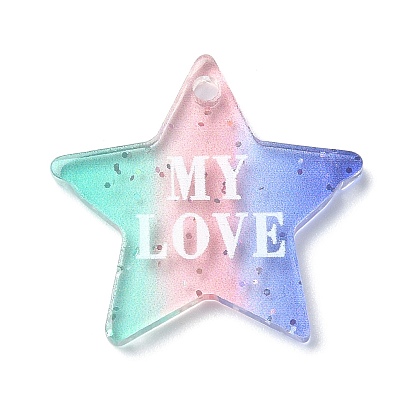 Valentine's Day Transparent Acrylic Pendant, with Glitter Powder, Star with Word MY LOVE