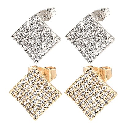 Brass Micro Pave Clear Cubic Zirconia Rhombus Stud Earrings, for Women